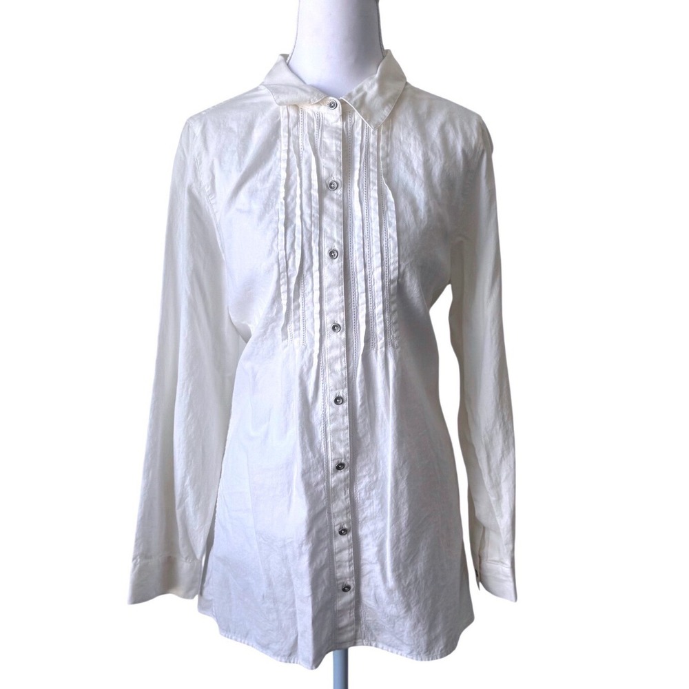 J. Jill Pintuck Button Down Tunic White Long Sleeve Pleated Cotton Top Sz M